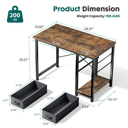 JHK Computer Desk with 2 Fabric Drawers | 40" & 47" Reversible Storage