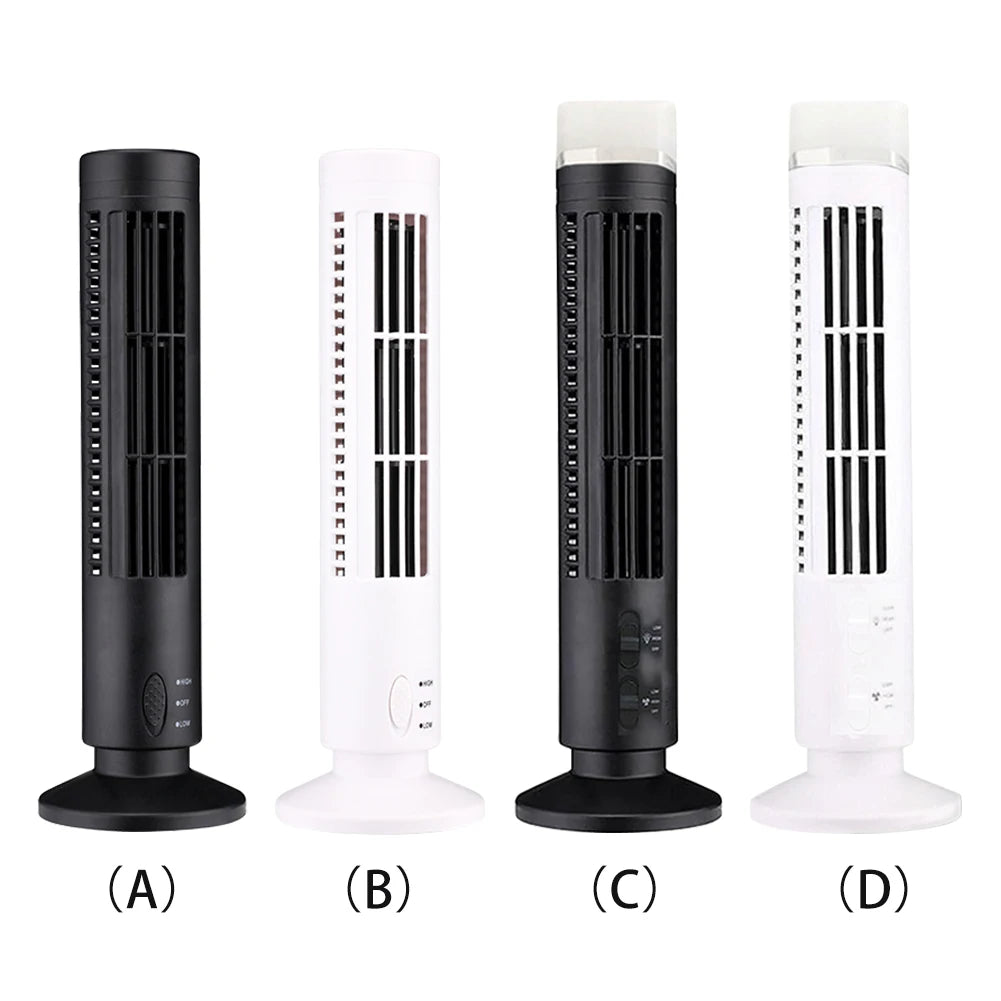 LED Bladeless Tower Fan — 90° Oscillating, USB Powered, Quiet, Desk Fan with Light, Home & Office