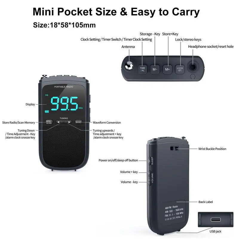 Mini AM/FM Portable Radio – Pocket Stereo Speaker, Rechargeable, Alarm Clock for Outdoor