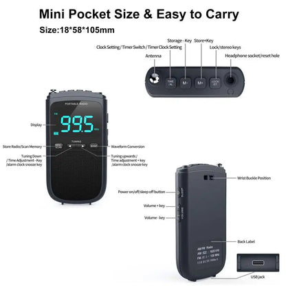 Mini AM/FM Portable Radio – Pocket Stereo Speaker, Rechargeable, Alarm Clock for Outdoor