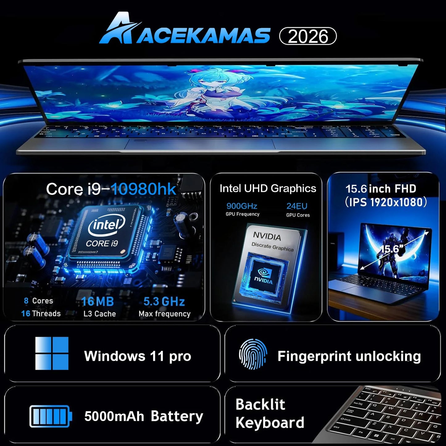 ACEKAMAS 15.6" Gaming Laptop – Intel Core i9-10980HK, 16GB DDR4, 256GB–2TB SSD, Wi-Fi 6, Fingerprint, Win 11