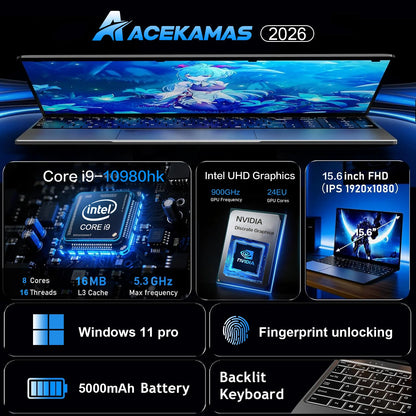 2026 Laptop 15.6" — Intel i9-10980HK, 16GB RAM, Up to 2TB SSD, Fingerprint Unlock, Windows 11 Pro