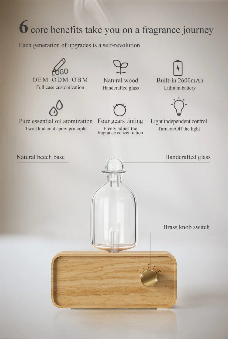 Professional Aromatherapy Nebulizer Diffuser — Wood & Glass, Waterless, 2600mAh Battery, Scent Machine