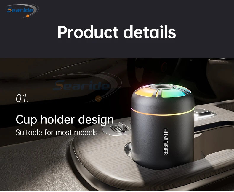 Searide Mini USB Humidifier – 180ml Ultrasonic Aroma Diffuser, Color LED, Touch Control, for Car, Home & Bedroom
