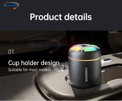 Searide Mini USB Humidifier – 180ml Ultrasonic Aroma Diffuser, Color LED, Touch Control, for Car, Home & Bedroom