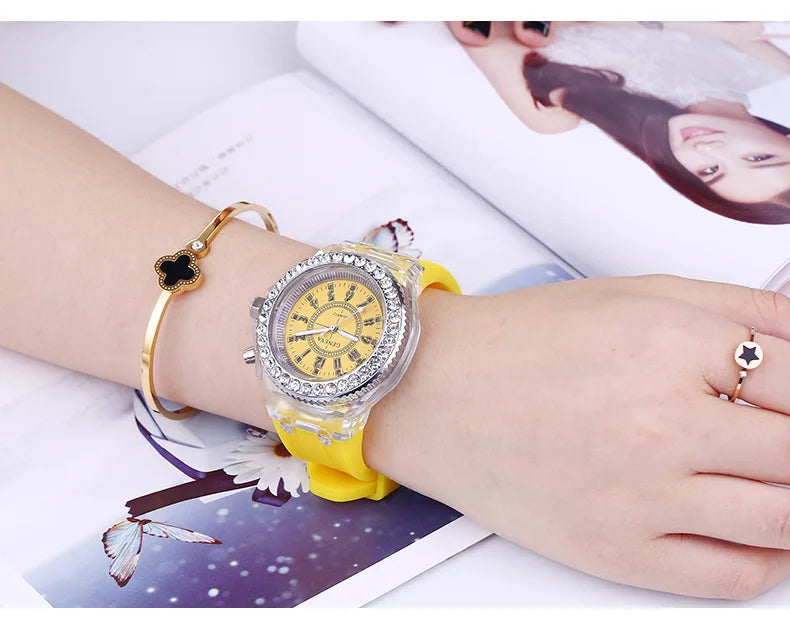 LED Flash Luminous Watch by R.E.D. Shopping featuring rhinestone accents and silicone strap, suitable for kids and adults.