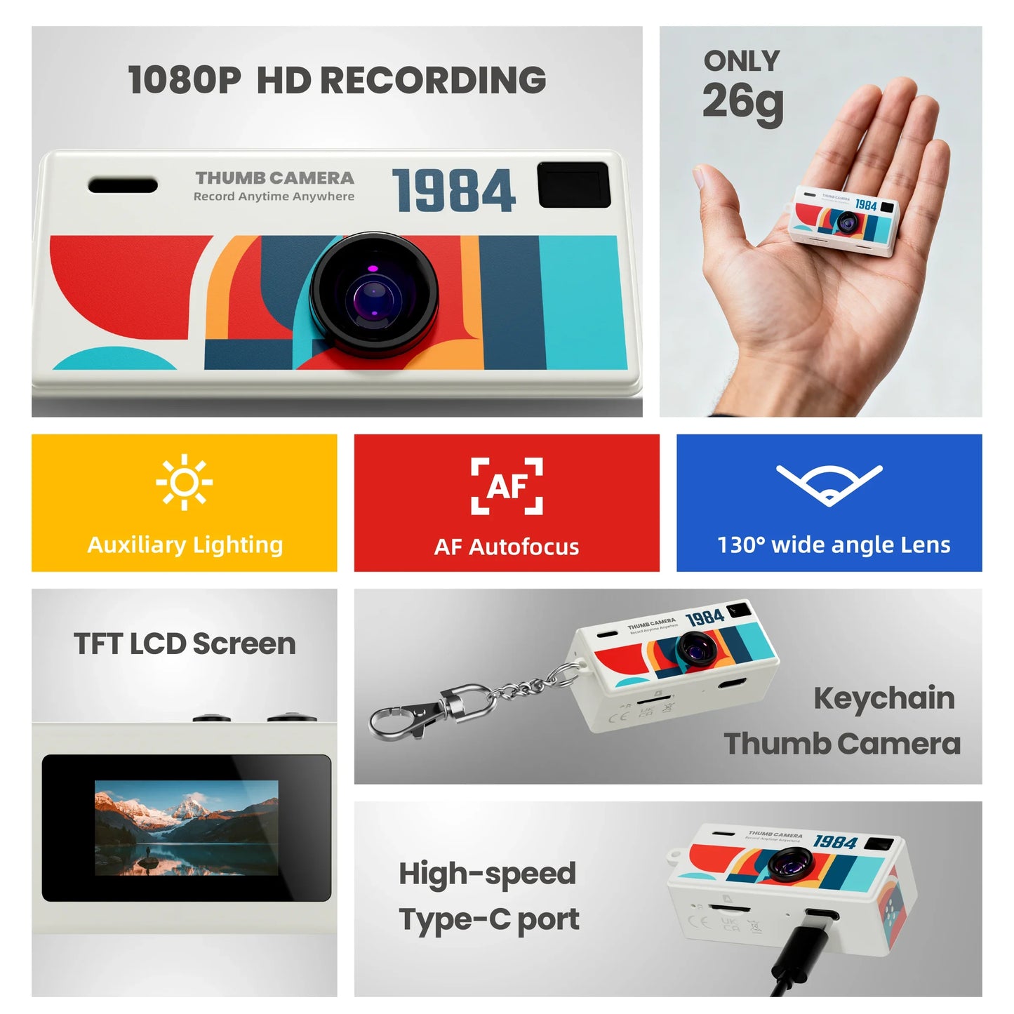 Portable Mini Thumb Camera 1080P FHD – 130° Wide-Angle, Autofocus, Fill Light, TFT LCD Screen