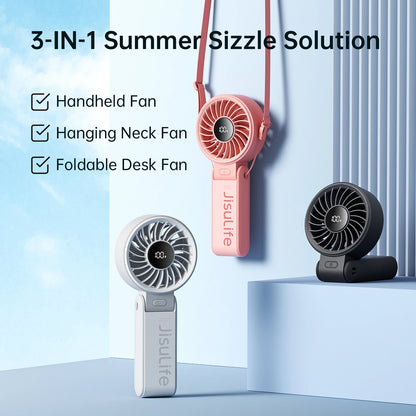 JISULIFE 3-in-1 Portable Handheld Fan – 5 Speeds, LED Display, 3600/5000mAh, Hand/Desk/Neck