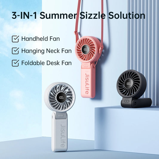 JISULIFE 3-in-1 Portable Handheld Fan – 5 Speeds, LED Display, 3600/5000mAh, Hand/Desk/Neck