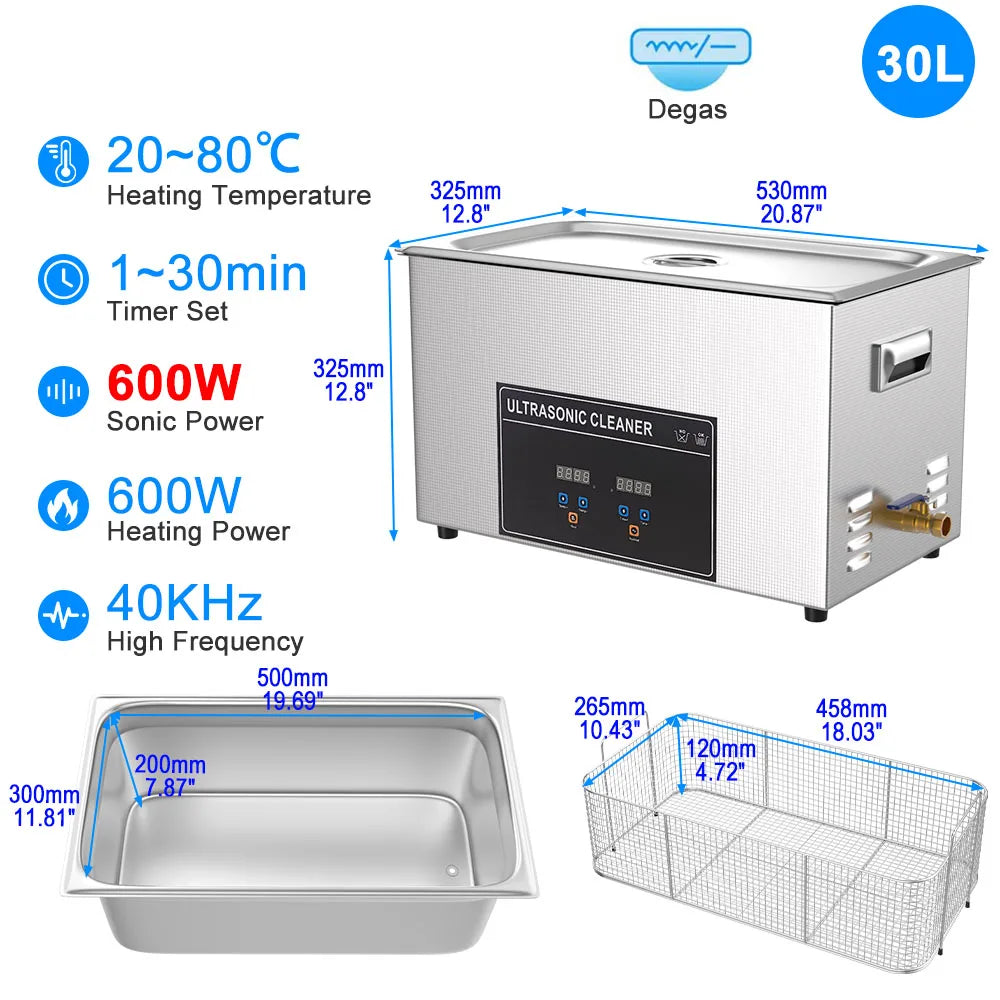 Ultrasonic Cleaner Bath 800ml–30L – Heated 35W–900W Portable Washing Machine, EU/UK/AU/US Plug