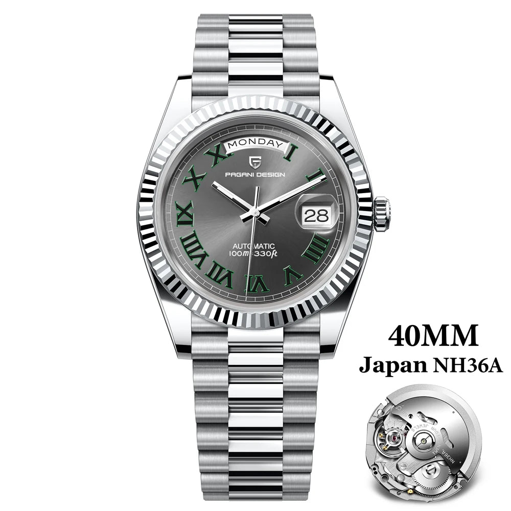 PAGANI DESIGN Men's Automatic Watch – 40mm, NH36A, AR Sapphire Glass, Date & Week, Gold Green