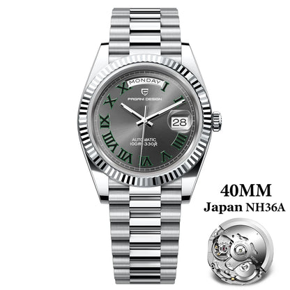 PAGANI DESIGN Men's Automatic Watch – 40mm, NH36A, AR Sapphire Glass, Date & Week, Gold Green