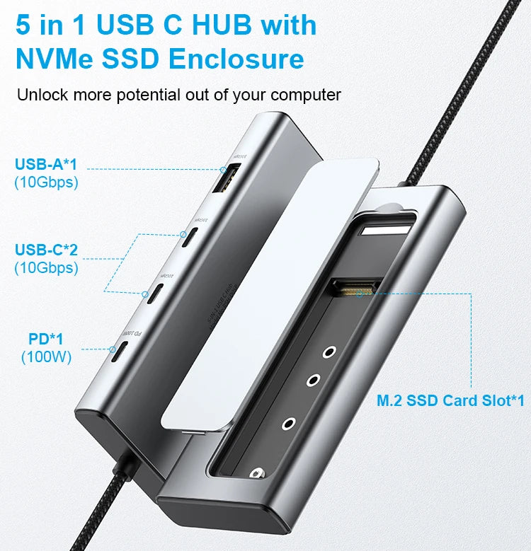 RSHTECH USB-C Hub 5-in-1 with M.2 NVMe/SATA SSD Enclosure – 10Gbps, PD100W, for Laptops (RSH-D05P)