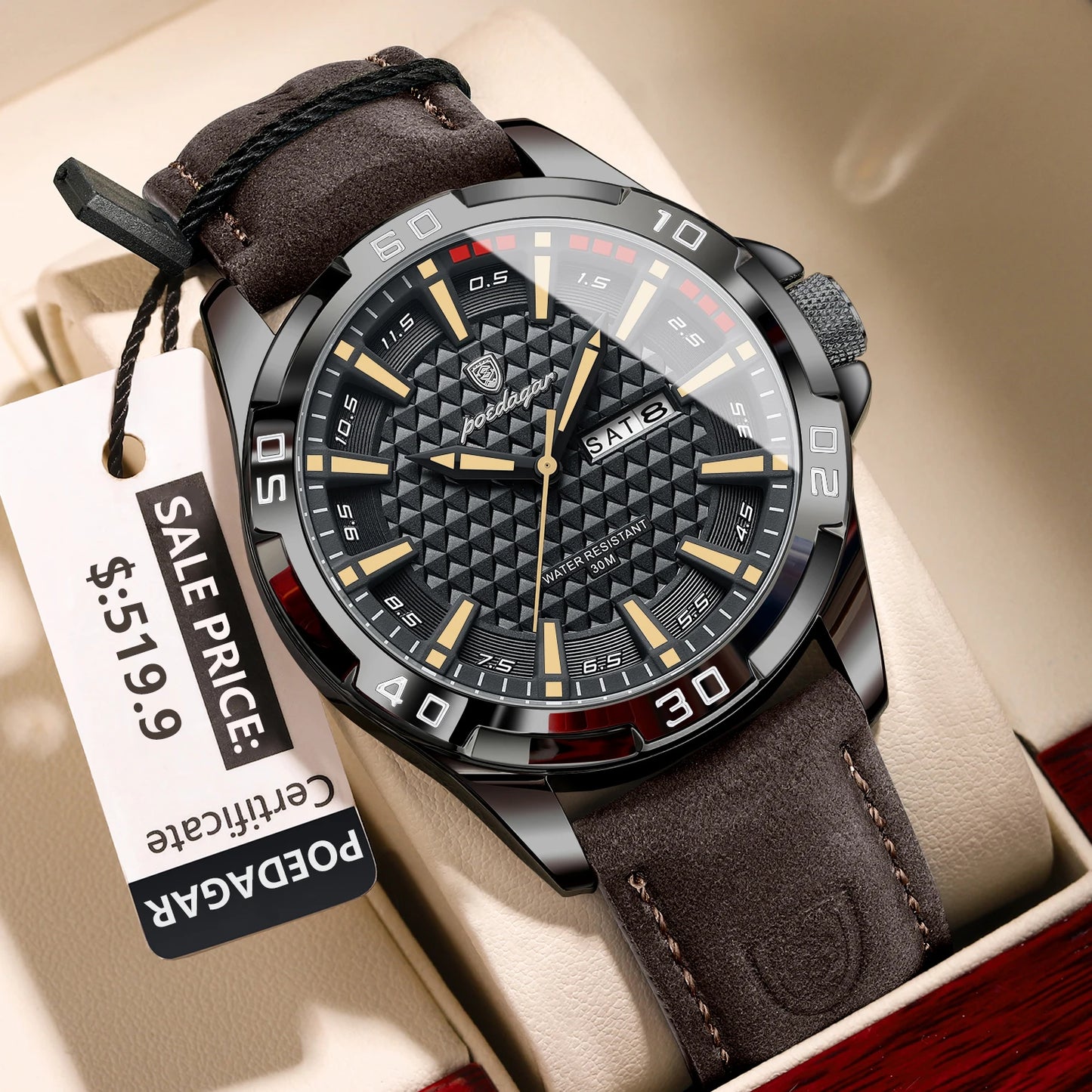POEDAGAR Men's Luxury Wristwatch – Waterproof, Luminous, Date & Week Display, Quartz Sport Leather