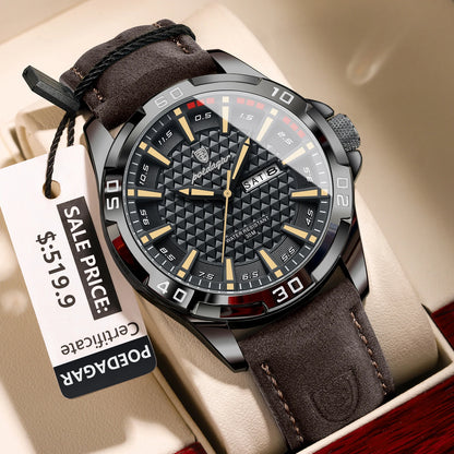 POEDAGAR Men's Luxury Wristwatch – Waterproof, Luminous, Date & Week Display, Quartz Sport Leather