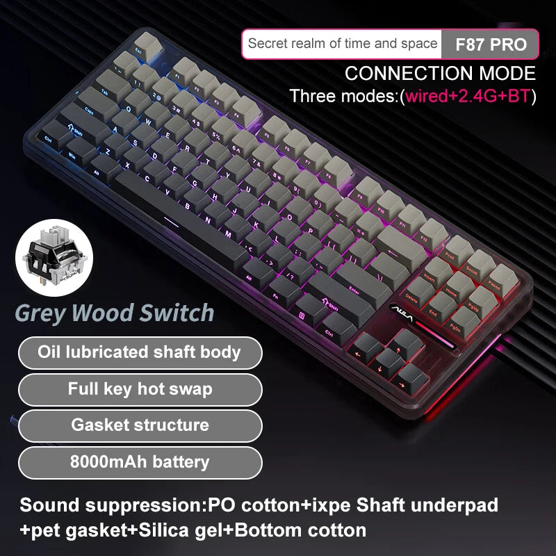 AULA F87 Pro Mechanical Keyboard – 87-Key, Tri-Mode, 8000mAh, Hot Swap, RGB, PBT Gasket