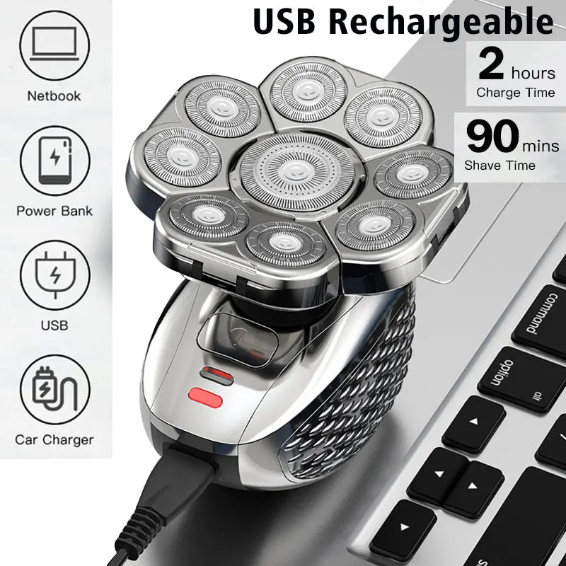 Men's Bald Head Shaver 6-in-1 | 9 Floating Blades | Beard, Nose & Ear Trimmer | Rechargeable