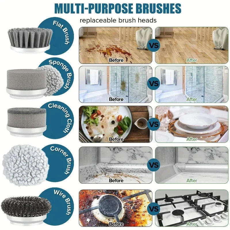 Electric spin scrubber by R.E.D. Shopping with cordless design and five replaceable cleaning heads for bathroom and household cleaning.