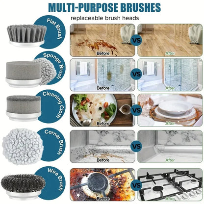 Electric spin scrubber by R.E.D. Shopping with cordless design and five replaceable cleaning heads for bathroom and household cleaning.