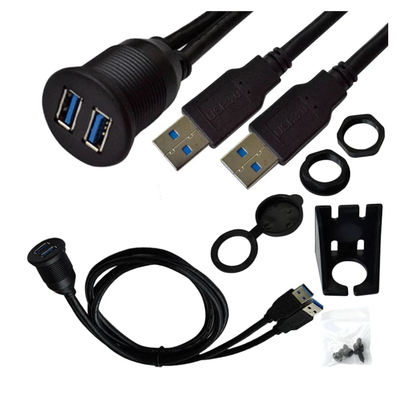 USB Panel Flush Mount Extension Cable with LED – USB 2.0/3.0, 1m/2m, for Car, Truck, Boat, Motorcycle Dashboard