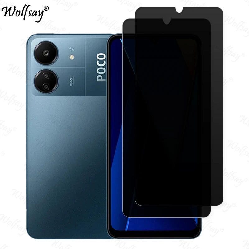 Xiaomi Poco C65 anti-spy privacy tempered glass screen protector showing a clear, protective film on a smartphone screen