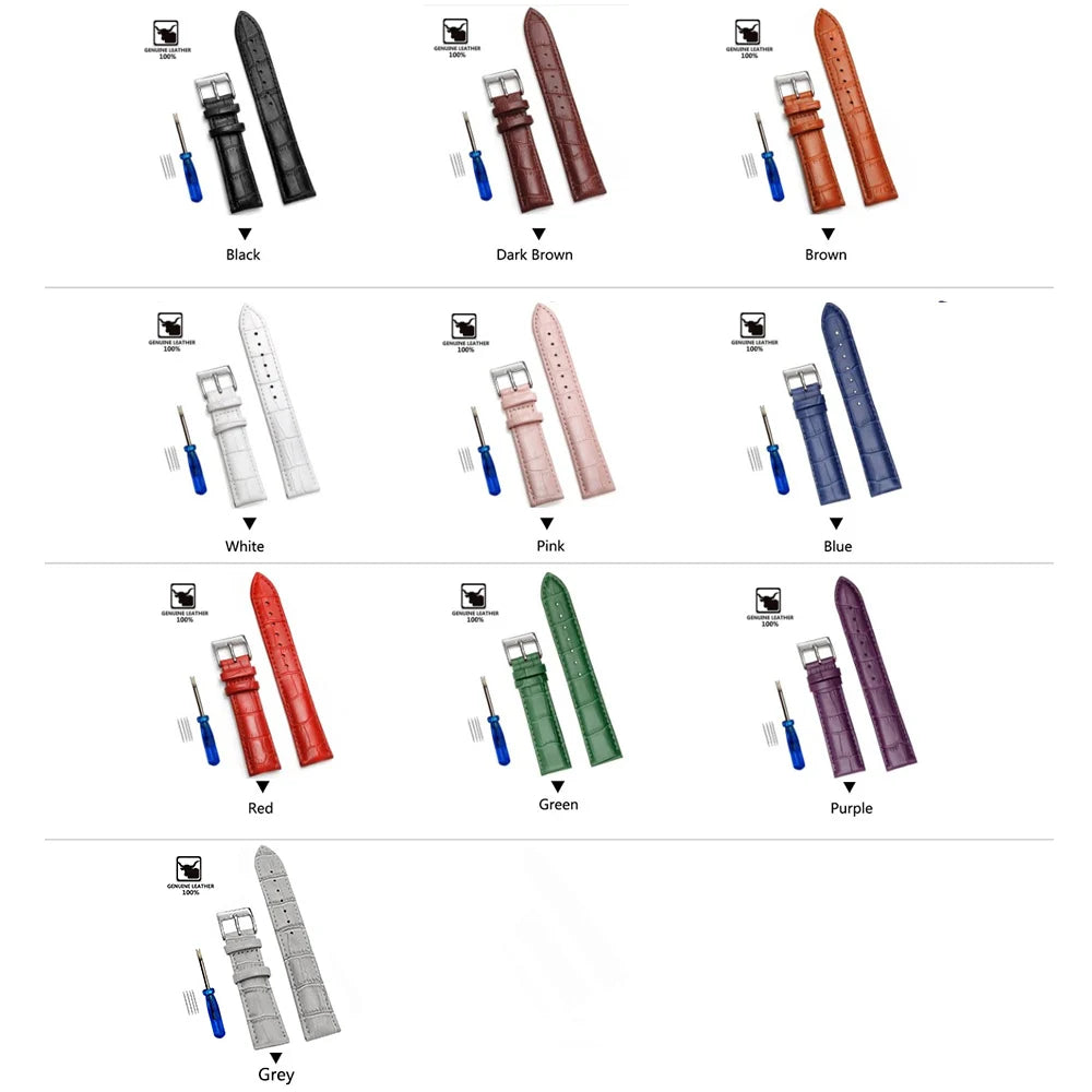 Premium Genuine Leather Watch Strap | 12–24mm, 9 Colors + Tool