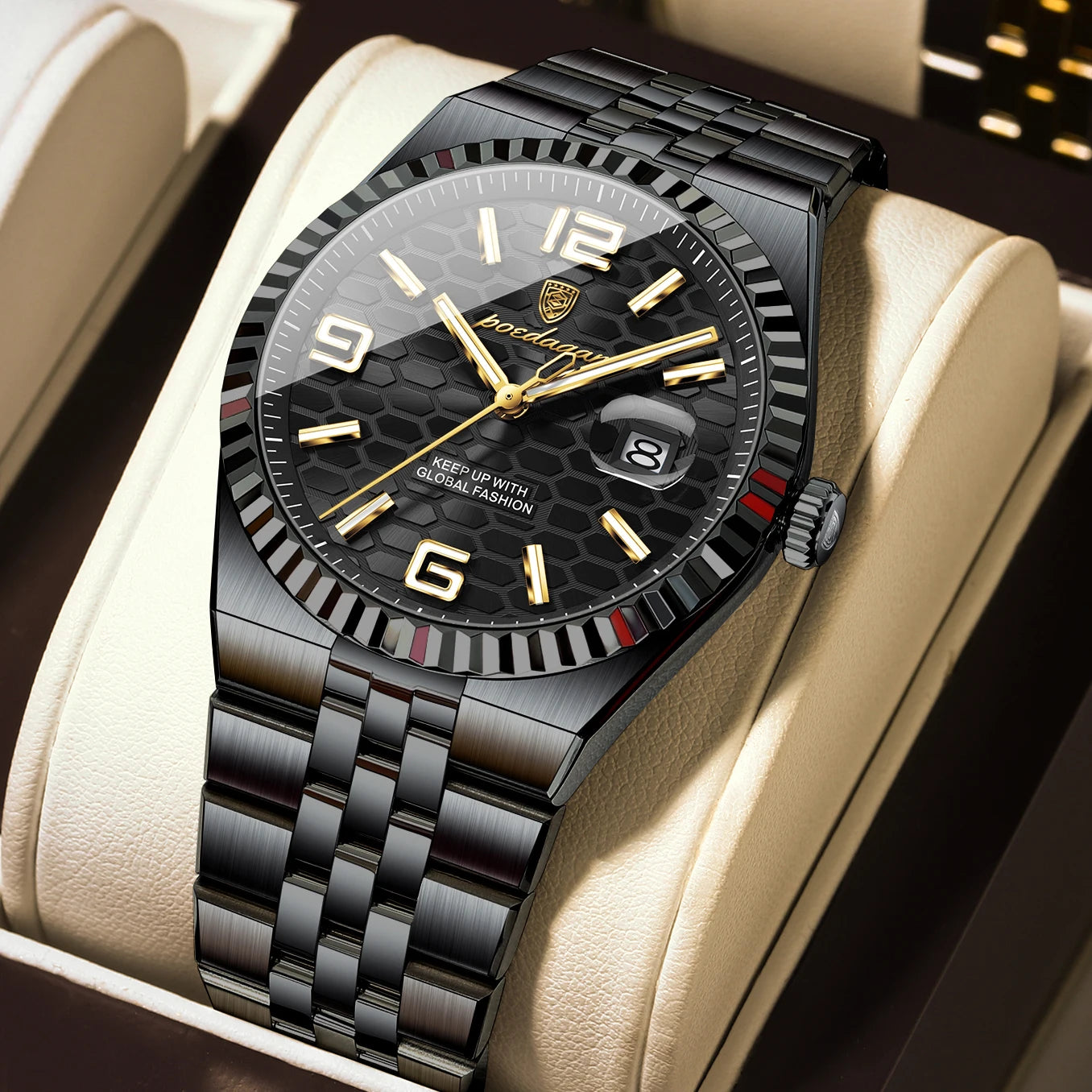 POEDAGAR Men's Luxury Watch – Stainless Steel, Waterproof, Luminous, Date Display, With Box