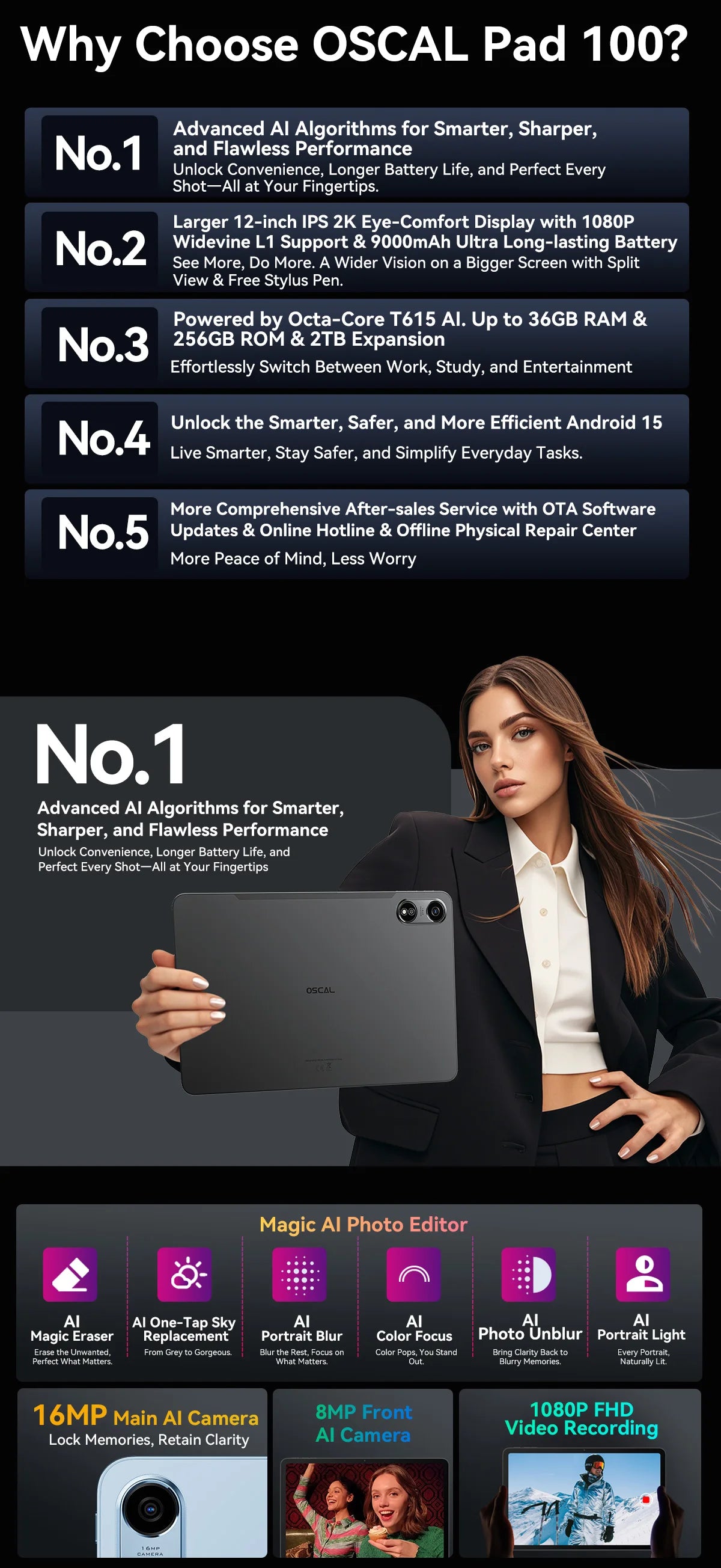 OSCAL Pad 100 Tablet – 12" 2K IPS, Android 15, Unisoc T615, 9000mAh, 4G LTE, 16MP