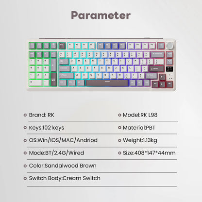 RK ROYAL KLUDGE L98 Left-Handed Mechanical Keyboard – 95%, Gasket, Tri-Mode, RGB, Hot-Swap