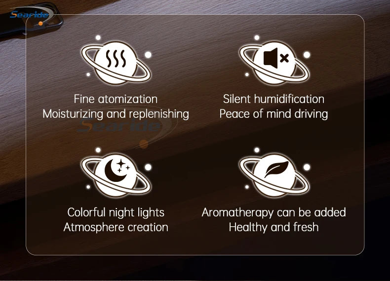Searide Mini USB Humidifier – 180ml Ultrasonic Aroma Diffuser, Color LED, Touch Control, for Car, Home & Bedroom