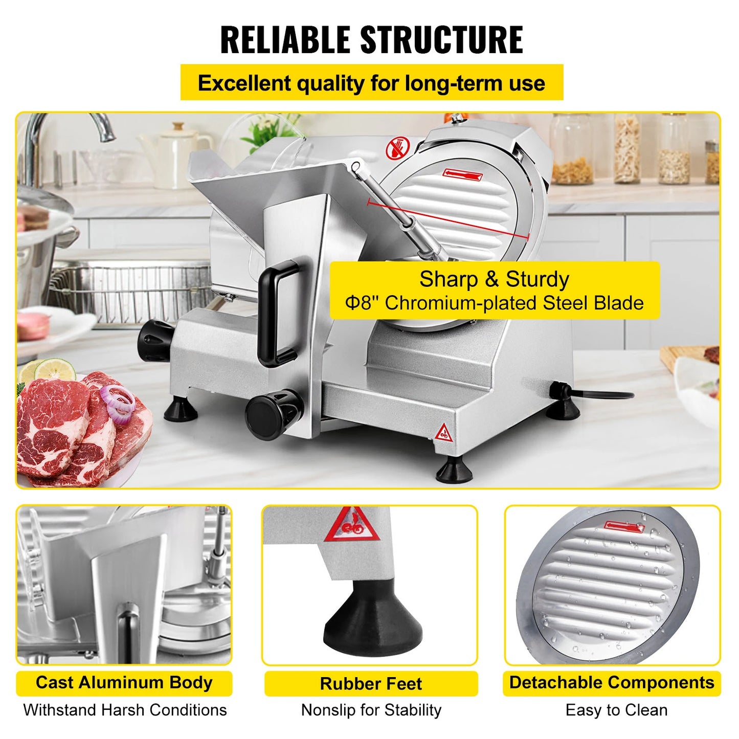 SucceBuy Electric Meat Slicer – 8"/10" Carbon Steel Blade, Adjustable Thickness