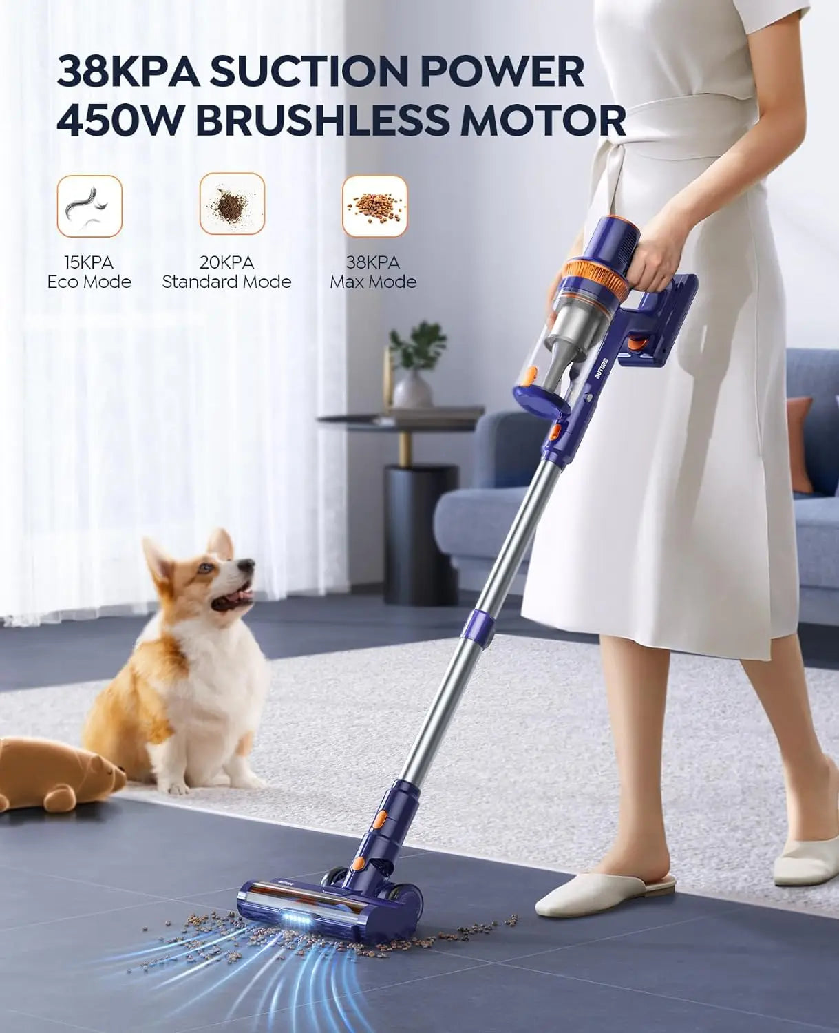 R.E.D. Shopping BUTURE 450W cordless vacuum cleaner with 38Kpa suction and 1.2L dust cup, removable battery, in a home setting.