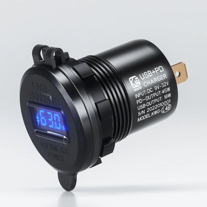 63W Aluminum USB-C Car Charger Socket – PD & QC3.0 Dual Port, 12V/24V for Car, Boat & Motorcycle