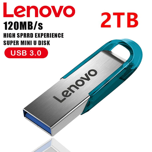 Lenovo High Speed USB 3.0 flash drive with waterproof metal casing, up to 2TB storage, shown in close-up.