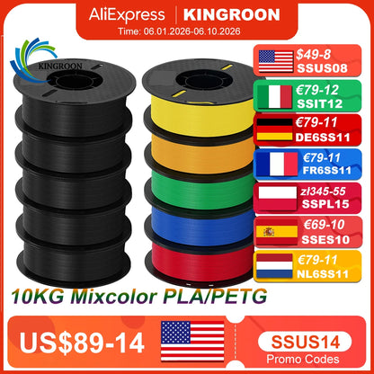 KINGROON 10KG 3D Printer Filament Bundle – PLA & PETG, 1.75mm Mixed Colors