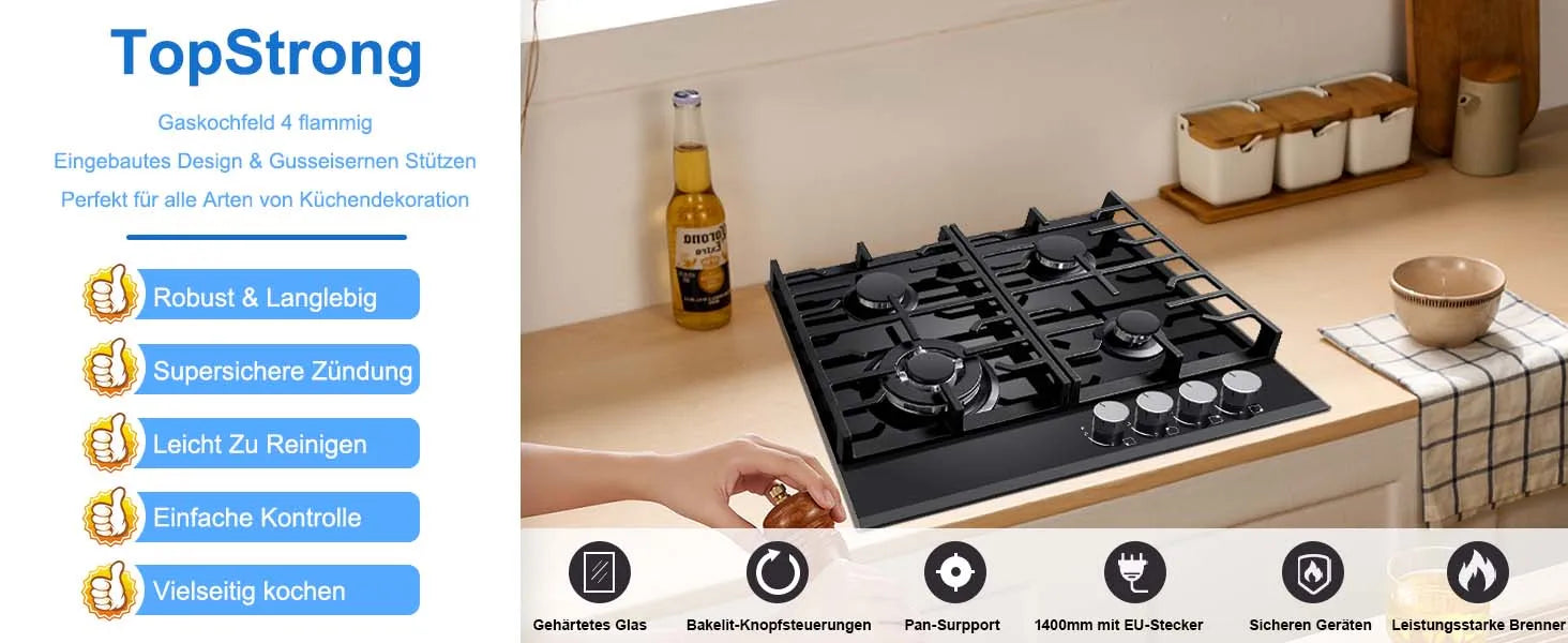 Black glass 60cm built-in gas hob with four burners, cast iron grates, flame failure protection, suitable for NG or LPG.