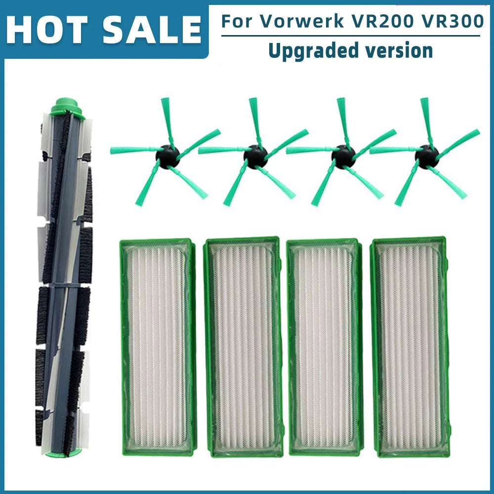 Replacement spare parts for Vorwerk Kobold VR200 and VR300 robot vacuum cleaner, shown with various accessories and components.