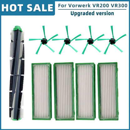 Replacement spare parts for Vorwerk Kobold VR200 and VR300 robot vacuum cleaner, shown with various accessories and components.