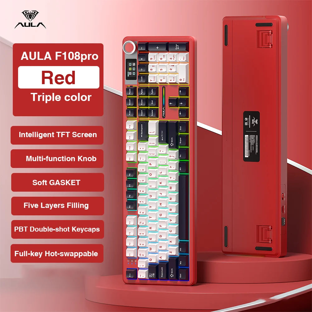 AULA F108Pro Wireless Mechanical Keyboard – Bluetooth, Gasket, Hot-Swap, TFT Display, RGB, 98 Keys