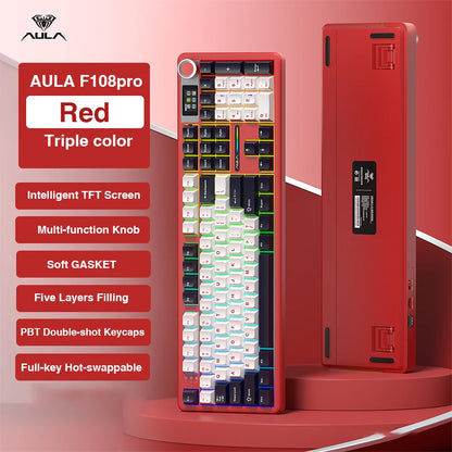 AULA F108Pro Wireless Mechanical Keyboard – Bluetooth, Gasket, Hot-Swap, TFT Display, RGB, 98 Keys