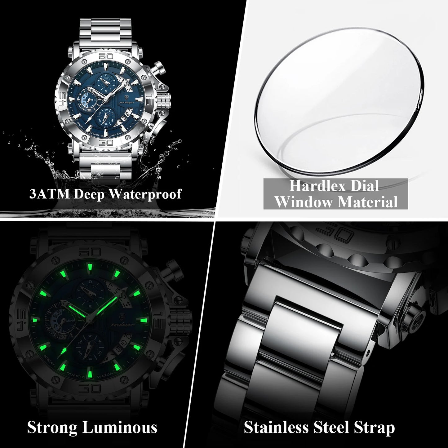 POEDAGAR Men's Luxury Chronograph Watch – Calendar, Luminous, Waterproof, Stainless Steel Quartz