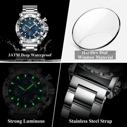 POEDAGAR Men's Luxury Chronograph Watch – Calendar, Luminous, Waterproof, Stainless Steel Quartz