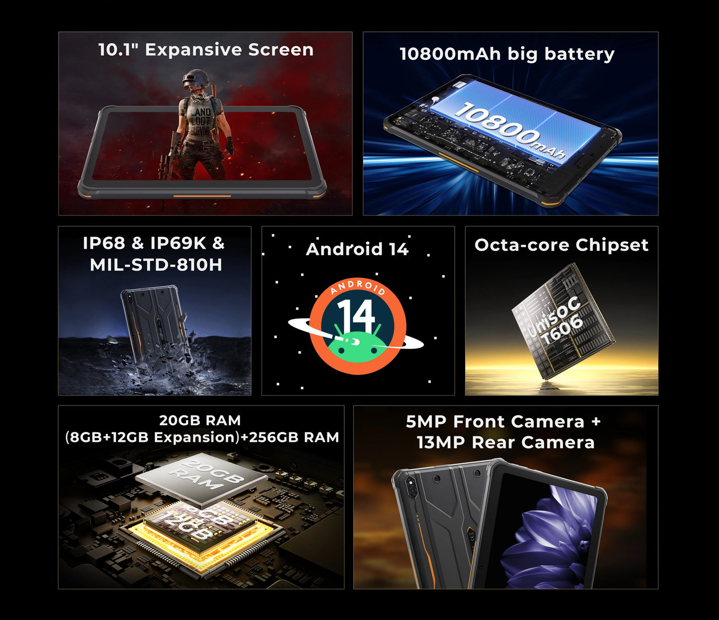 HOTWAV R10 Pro Rugged Tablet | 10800mAh | 10.1" HD+ | Android 14 | 8GB+256GB | 4G | 13MP