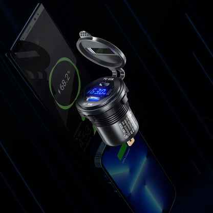 63W Aluminum USB-C Car Charger Socket – PD & QC3.0 Dual Port, 12V/24V for Car, Boat & Motorcycle