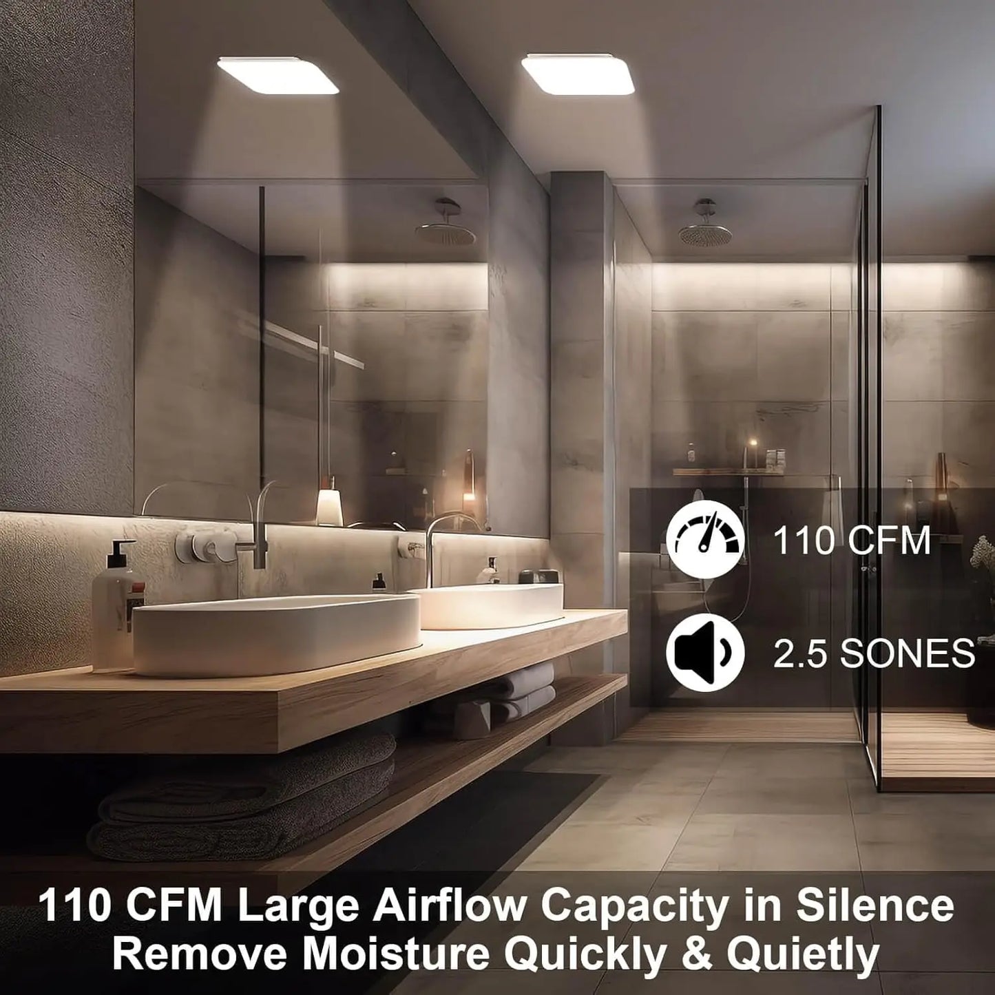 Bathroom Exhaust Fan with LED Light 110 CFM – 3 Color Temps, 1000LM, Ultra Quiet 2.5 Sones