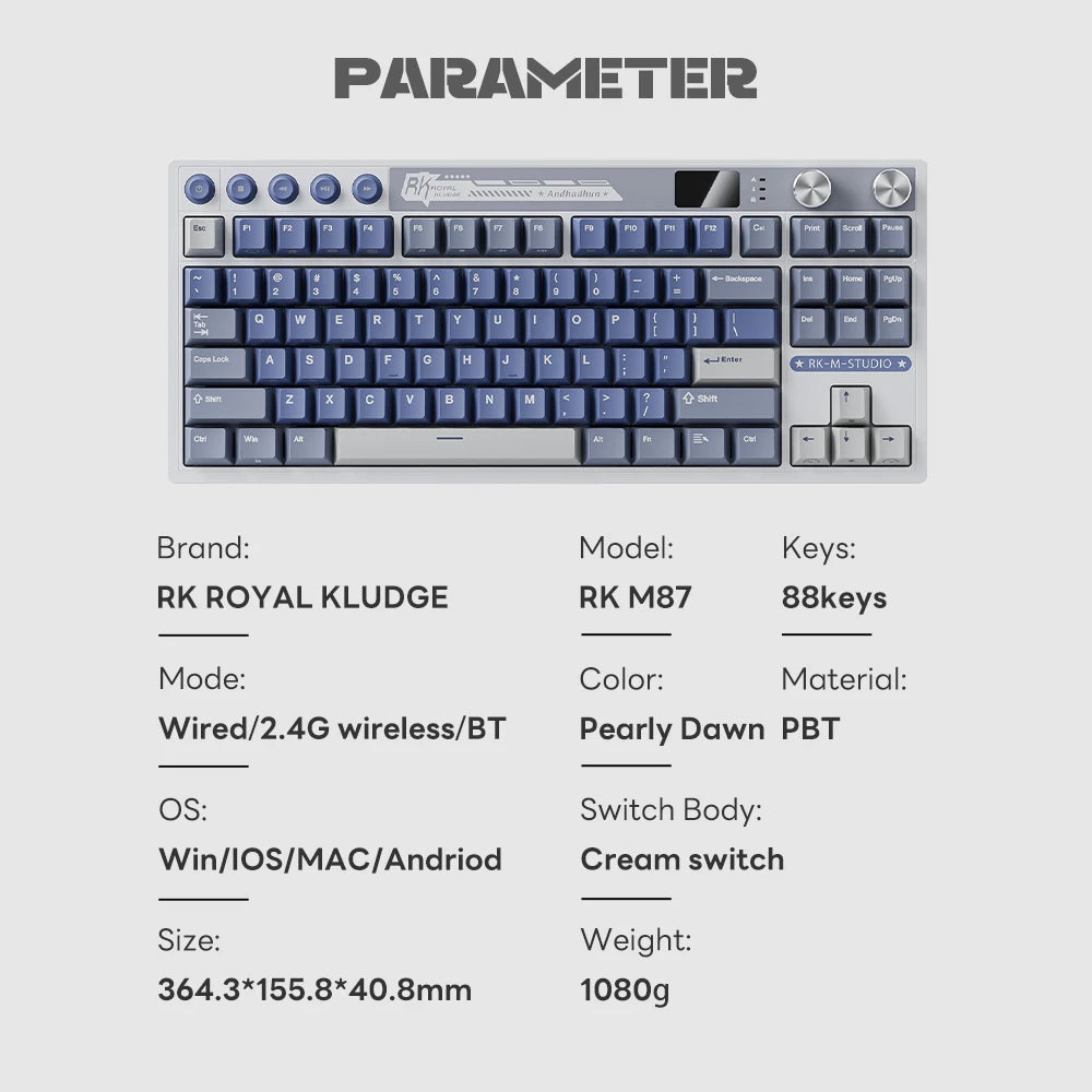RK Royal Kludge M87 Wireless Mechanical Keyboard – 87 Key, Hot-Swap, BT/2.4G/USB-C, TFT Screen