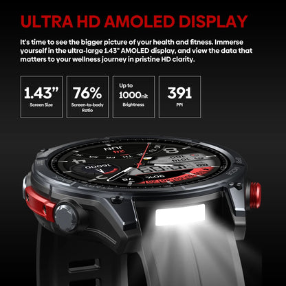 Ciberer Vertix Stratos 4 GPS Smart Watch – 1.43" AMOLED, Compass, Flashlight, 170+ Sports, 5ATM