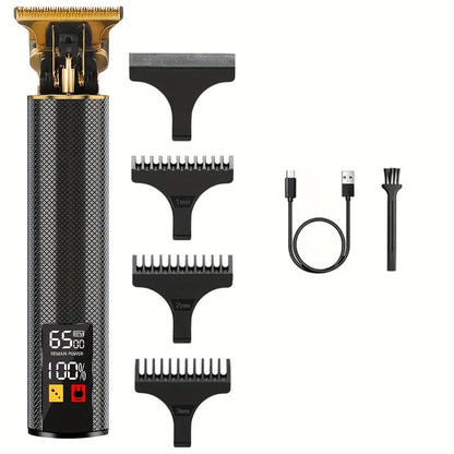R.E.D. Shopping T9 LCD electric hair clipper with oil head precision trimmer for men, showing sleek black design and adjustable settings.
