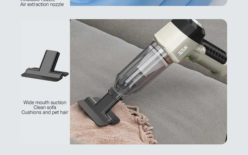 R.E.D. Shopping SZUK portable car vacuum cleaner with 3-in-1 wireless handheld design, 100W power, and 15KPa suction.