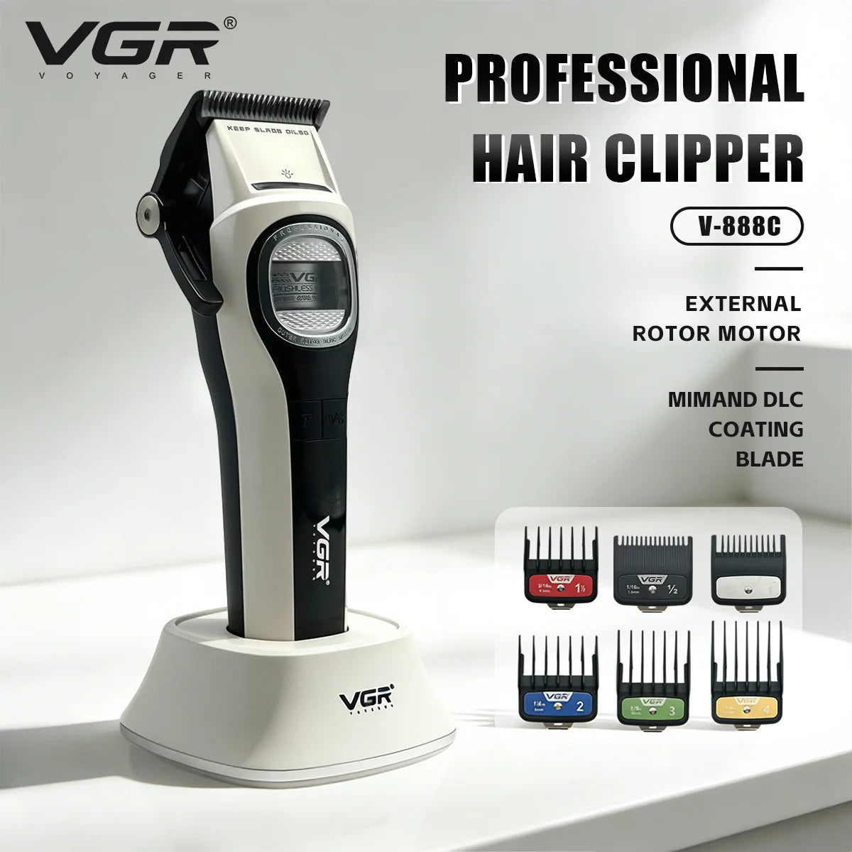 VGR V-888C Brushless Motor Cordless Hair Clipper – 7000-8000RPM, 2500mAh, 150min, Wet/Dry, Barber Trimmer